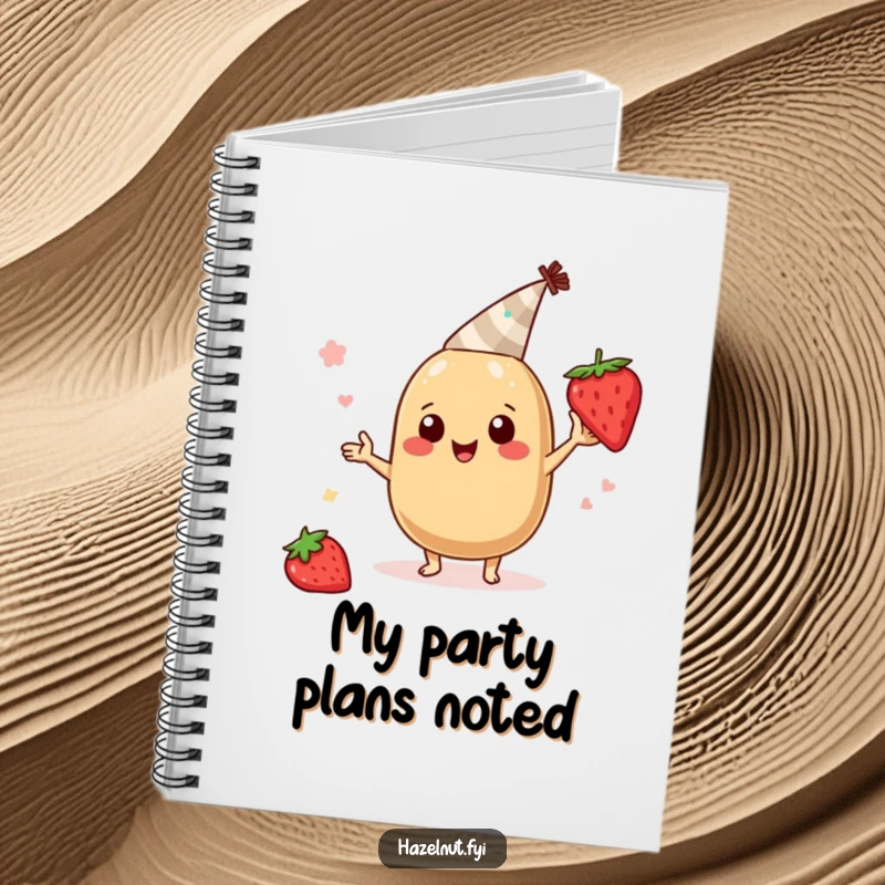Funny hazelnut character notebook, wearing a tiny party hat and boogying with a strawberry slice, humorous stationery for party planners.