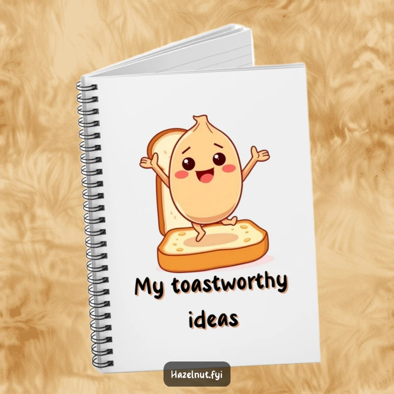 Funny Notebook: A happy hazelnut character dances gleefully on a slice of toast, inspiring joyful thoughts and nutty creativity.