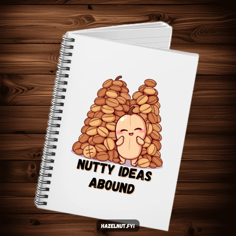 Funny notebook cover with a winking hazelnut striking a proud pose next to a giant pile of nuts, encouraging fun note-taking.