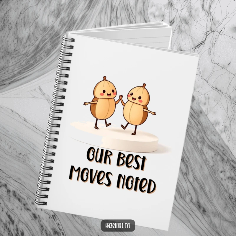Funny notebook featuring two dancing hazelnuts on a stage, ideal for jotting down groovy ideas and fun notes.