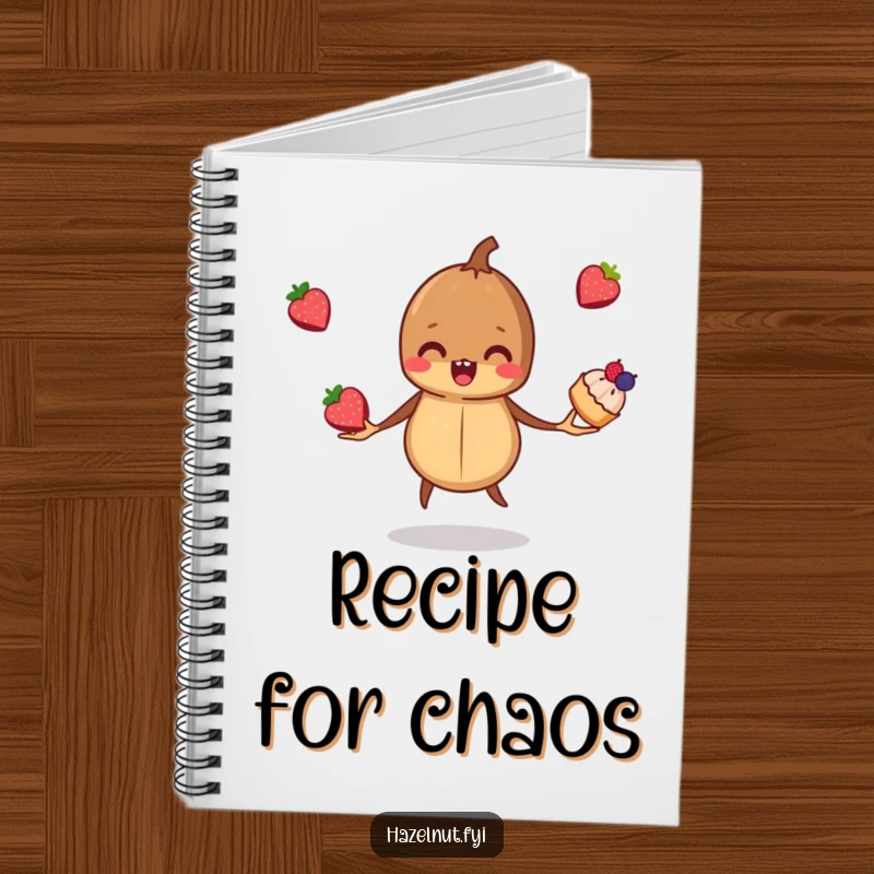 Funny, mischievous hazelnut juggling three tiny berry pastries, featured on a notebook cover, inspiring culinary notes and creative baking ideas.