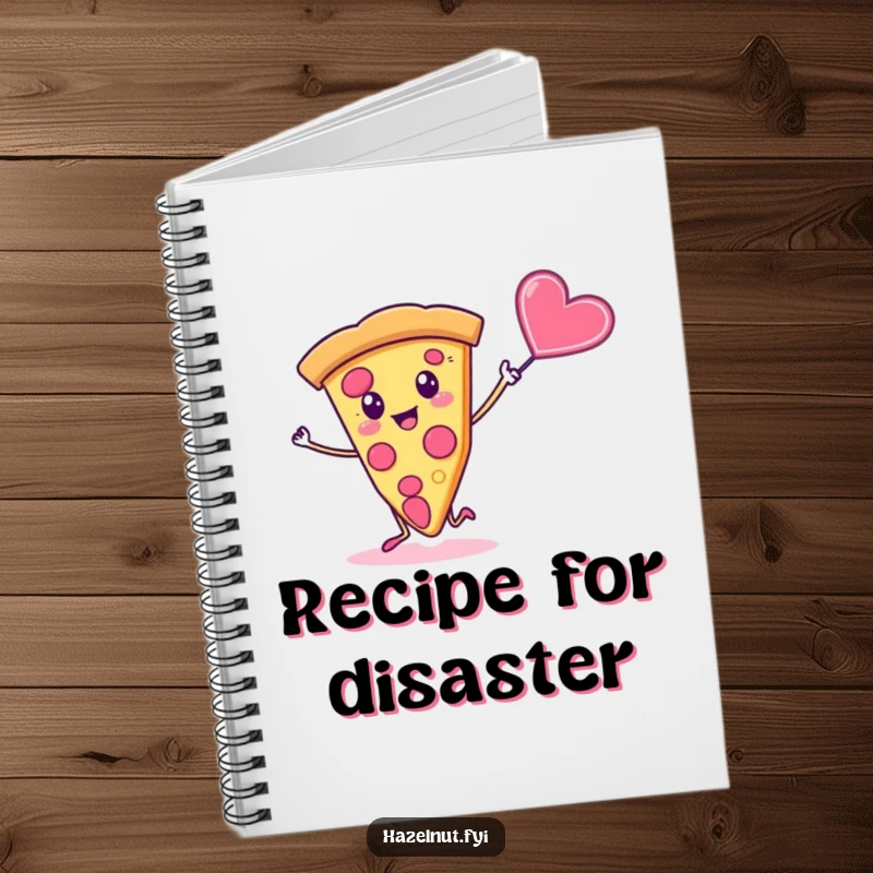 Funny notebook cover with a silly slice of pizza dancing with a candy heart, perfect for creative notes.