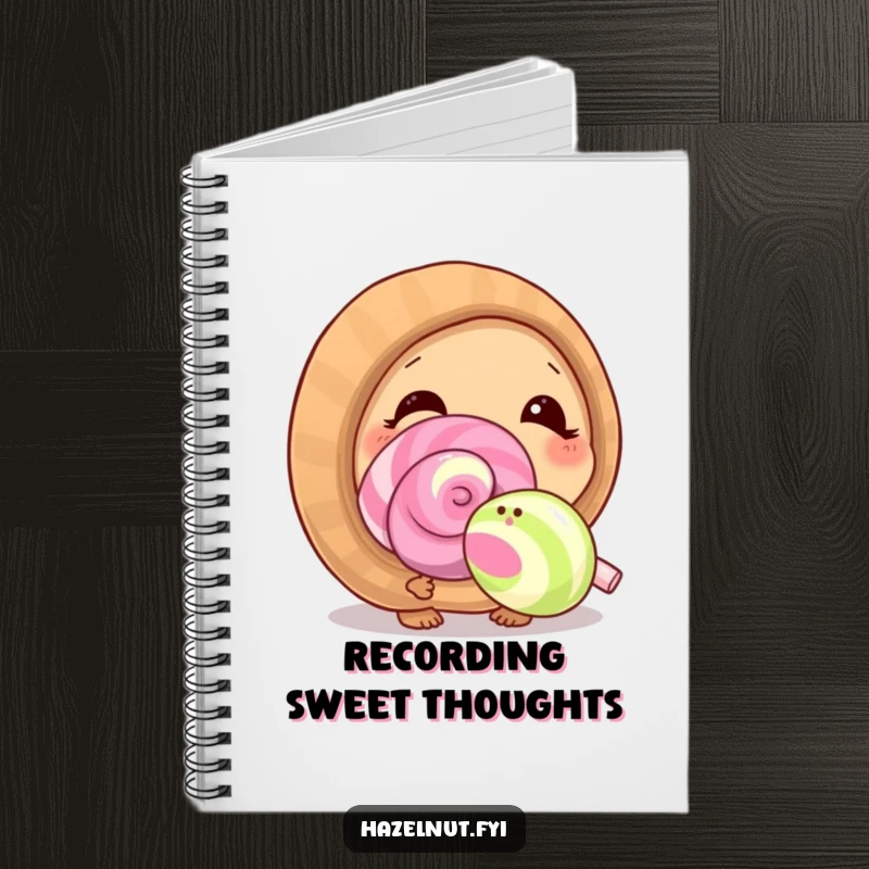Funny hazelnut character curiously sniffing a giant lollipop with delight, featured on a notebook for sweet inspiration.