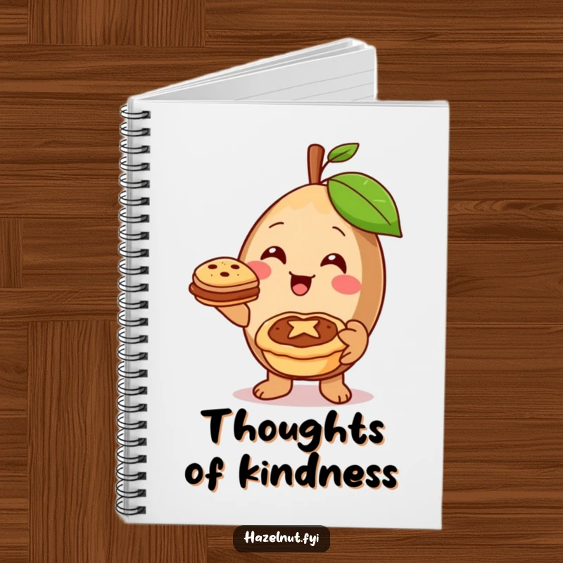 Funny hazelnut character offering a miniature pie with a warm smile, featured on a notebook for kind inspiration.
