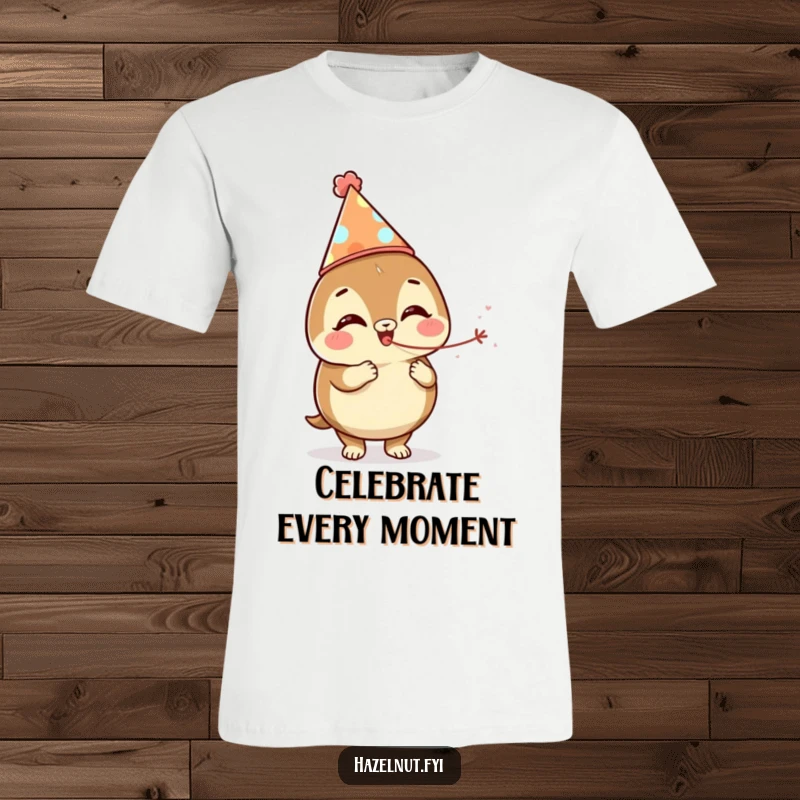 A cheerful, giggling hazelnut character in a party hat blowing a streamer, perfect for spreading fun on a t-shirt.