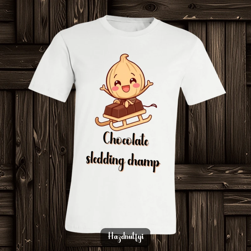 Funny T-Shirt: A delighted hazelnut character rides a tiny chocolate bar like a sled, perfect for showcasing sweet adventures and nutty joy.