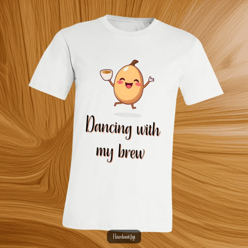 Funny smiling hazelnut with legs doing a joyful jig with a coffee cup, on a t-shirt, promoting energy and playful caffeine enjoyment.
