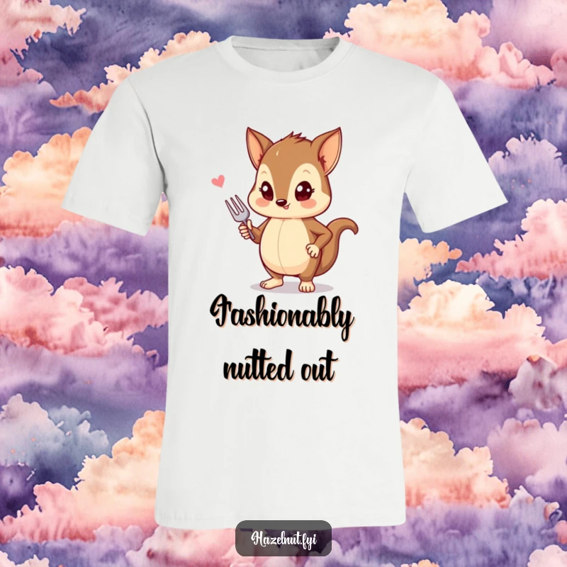 Funny t-shirt graphic of a stylish hazelnut striking a pose with a tiny fork, perfect for chic foodies.