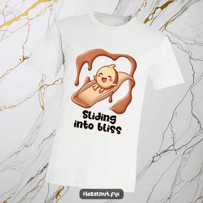 Funny Chocolate Slide Hazelnut T-Shirt, a smiling hazelnut character gleefully sliding down a decadent chocolate syrup slide.