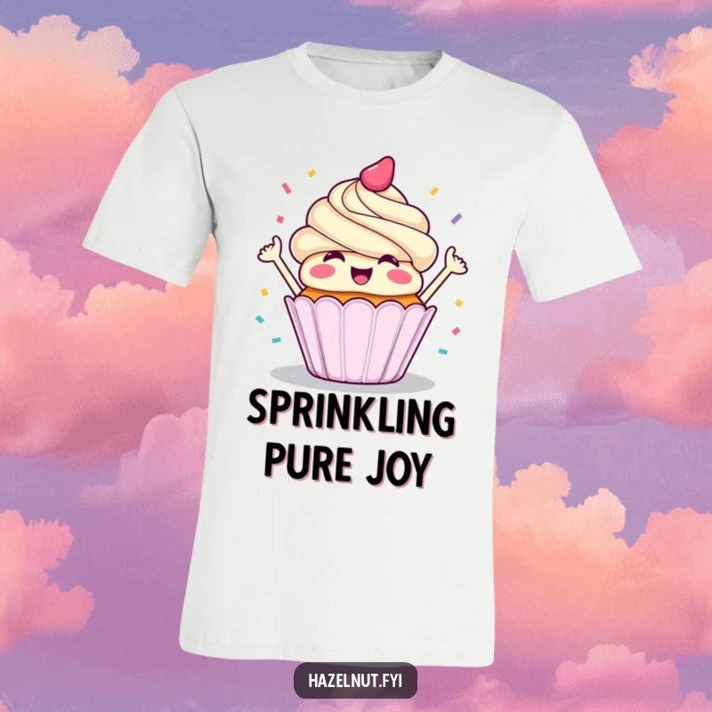 Funny t-shirt featuring a smiling cupcake exuberantly throwing colorful confetti, embodying pure festive delight.