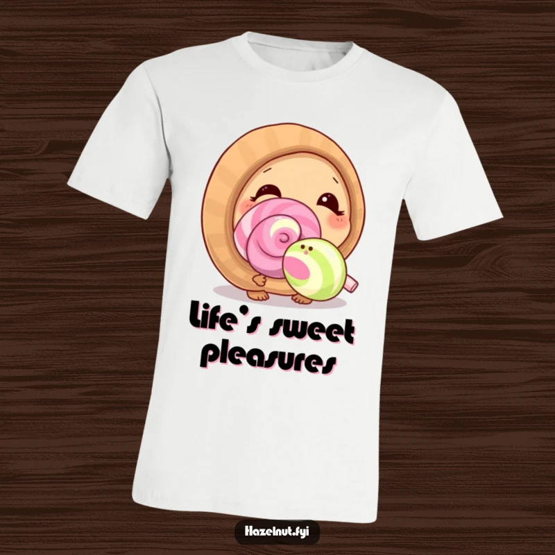 A curious hazelnut character sniffing a giant lollipop with delight, perfect for showcasing sweet curiosity on a t-shirt.