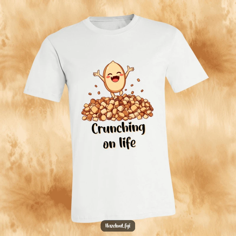 Funny Excited Hazelnut T-Shirt: An excited character leaps joyfully from a pile of crunchy bits, perfect for casual wear.