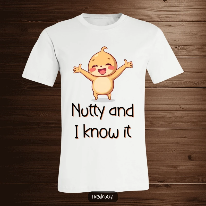 Funny t-shirt graphic of a laughing hazelnut doing a cartwheel with arms outstretched, capturing energetic and nutty fun.