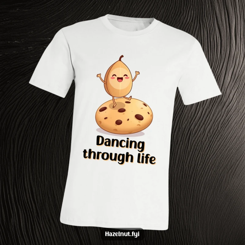 Funny t-shirt showing a happy hazelnut dancing on a giant cookie, embodying pure delight and celebration.