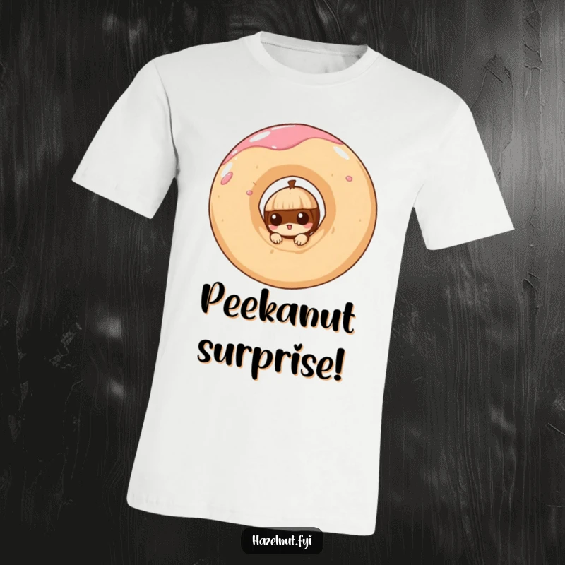 Funny t-shirt graphic of a curious hazelnut peeking from a giant, swirling doughnut, celebrating sweet cravings.