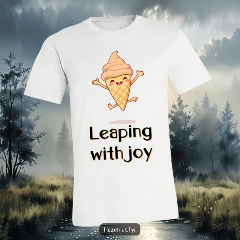 Funny Hazelnut ice cream cone t-shirt with tiny legs doing a joyful leap, spreading sweet, hilarious energy.