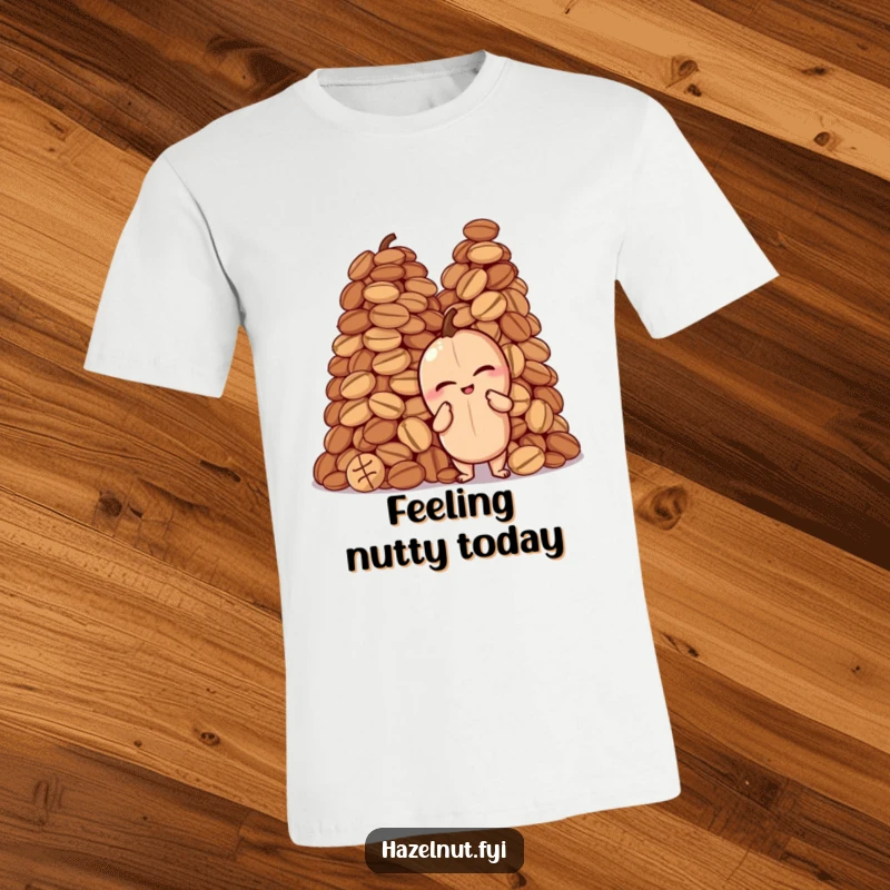 Funny t-shirt featuring a winking hazelnut striking a proud pose beside a massive pile of various nuts, a bold design.