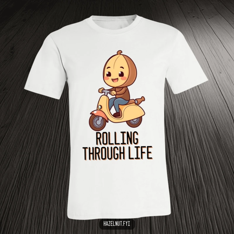 Funny Hazelnut T-Shirt featuring a happy hazelnut joyfully riding a giant rolling pin as if it were a scooter.
