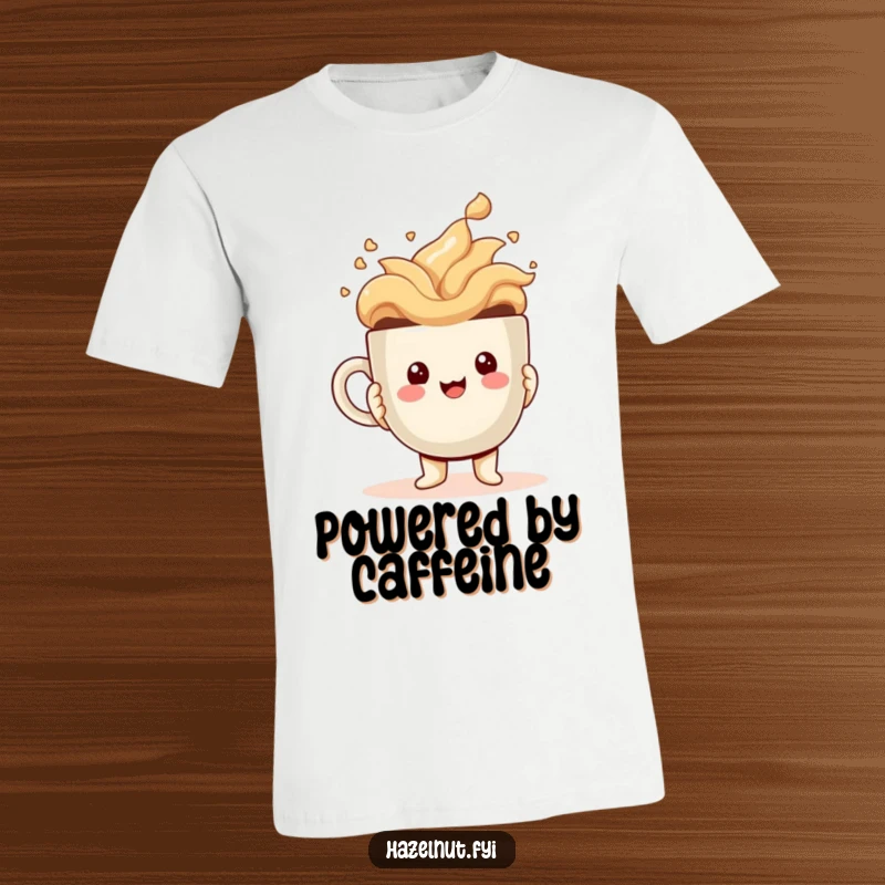 Funny T-Shirt featuring a cheerful kawaii hazelnut character joyfully holding a comically giant, overflowing coffee cup, a hilarious sight.