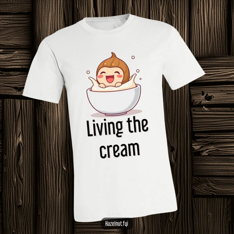 Funny t-shirt with a laughing hazelnut splashing in cream, conveying pure delight and a playful spirit, a humorous gift.