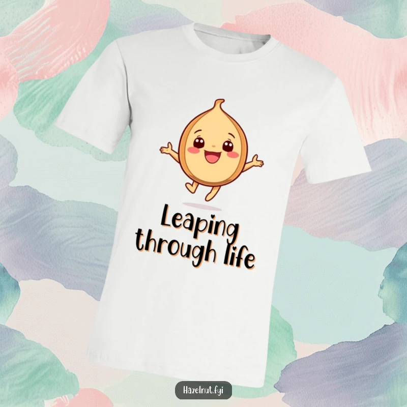 Funny Leaping Hazelnut T-Shirt, a grinning hazelnut character jumping with pure, uncontainable joy and excitement.