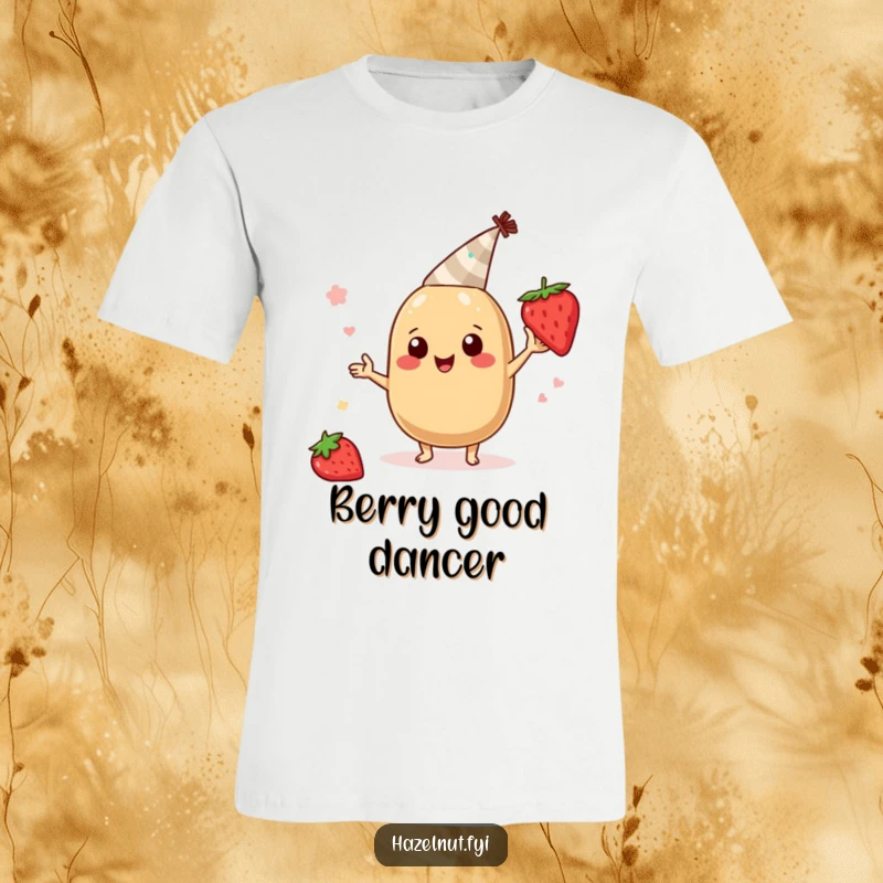 Funny hazelnut character t-shirt, wearing a tiny party hat and boogying with a strawberry slice, humorous and festive apparel.