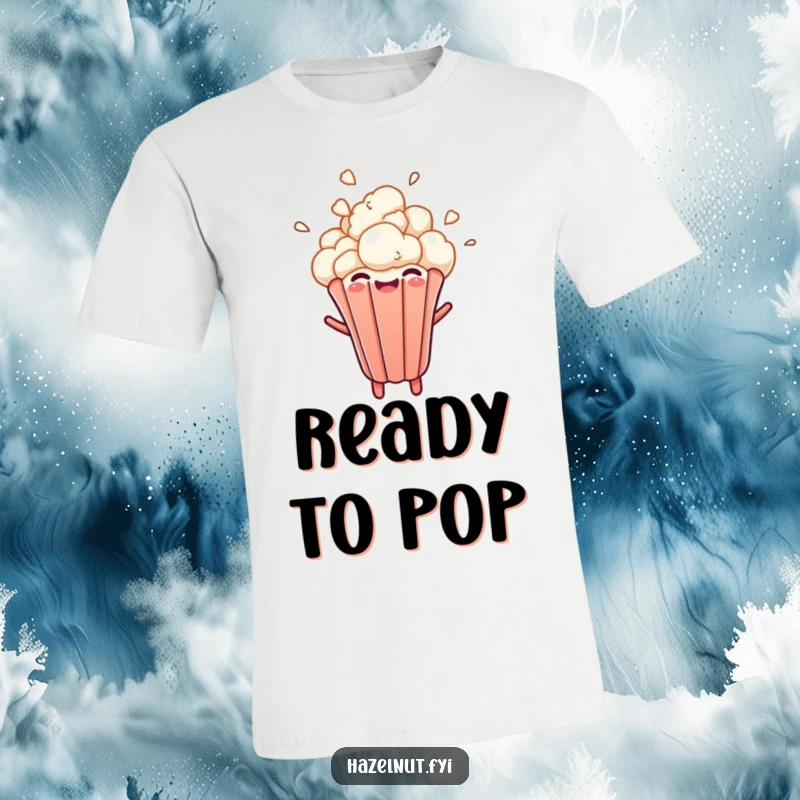 Funny t-shirt featuring a super happy popcorn kernel exploding upwards with a huge smile and joyful expression.