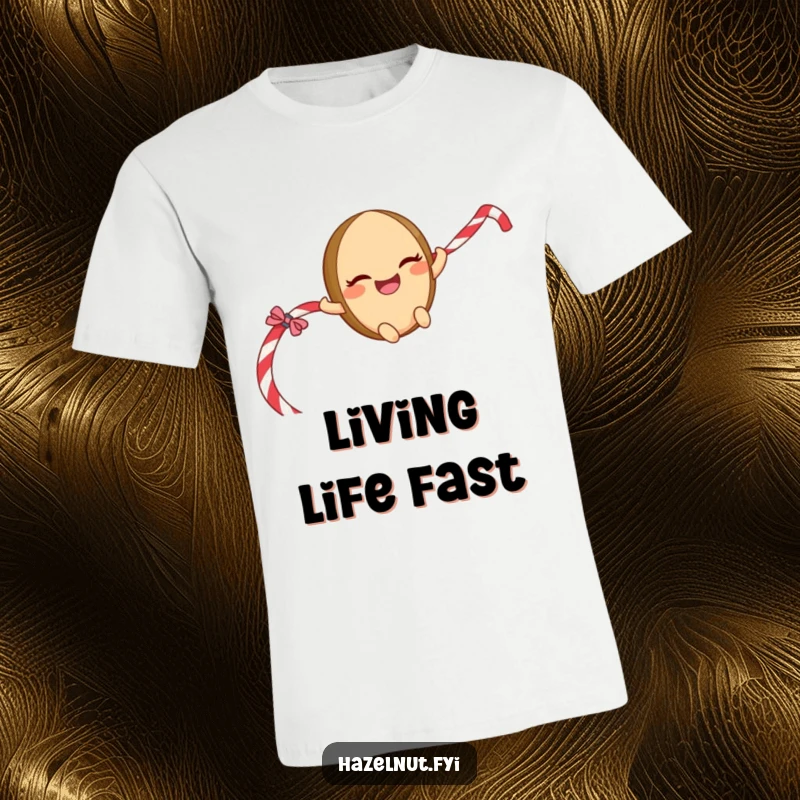 Funny Sliding Hazelnut T-Shirt: A giggling character with a mischievous grin sliding down a licorice rope, perfect for casual wear.