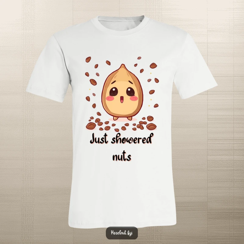 Funny Hazelnut T-Shirt showing a surprised nut character with wide eyes, showered by tiny sparkling cacao nibs, a funny gift.