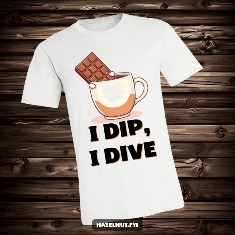 Funny t-shirt showcasing a blushing chocolate bar leaping with glee into a huge mug of hot coffee, a playful scene.