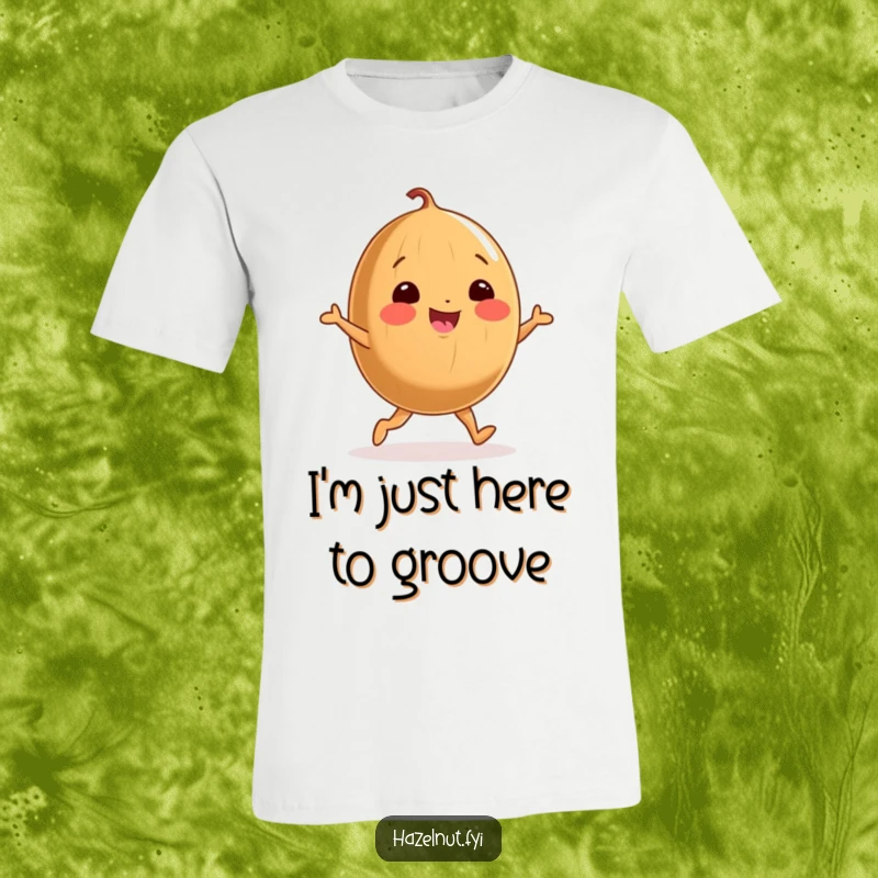 Funny t-shirt featuring a cheerful, round hazelnut with stubby legs doing a joyful little dance, radiating happiness.