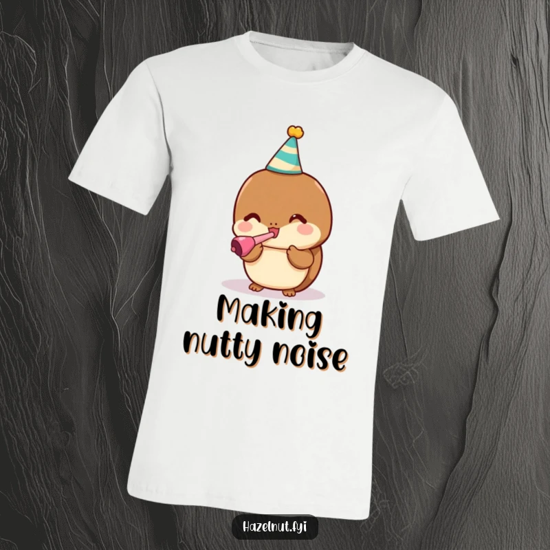 Funny t-shirt with a cute kawaii hazelnut in a party hat blowing a noisemaker, perfect for festivities.