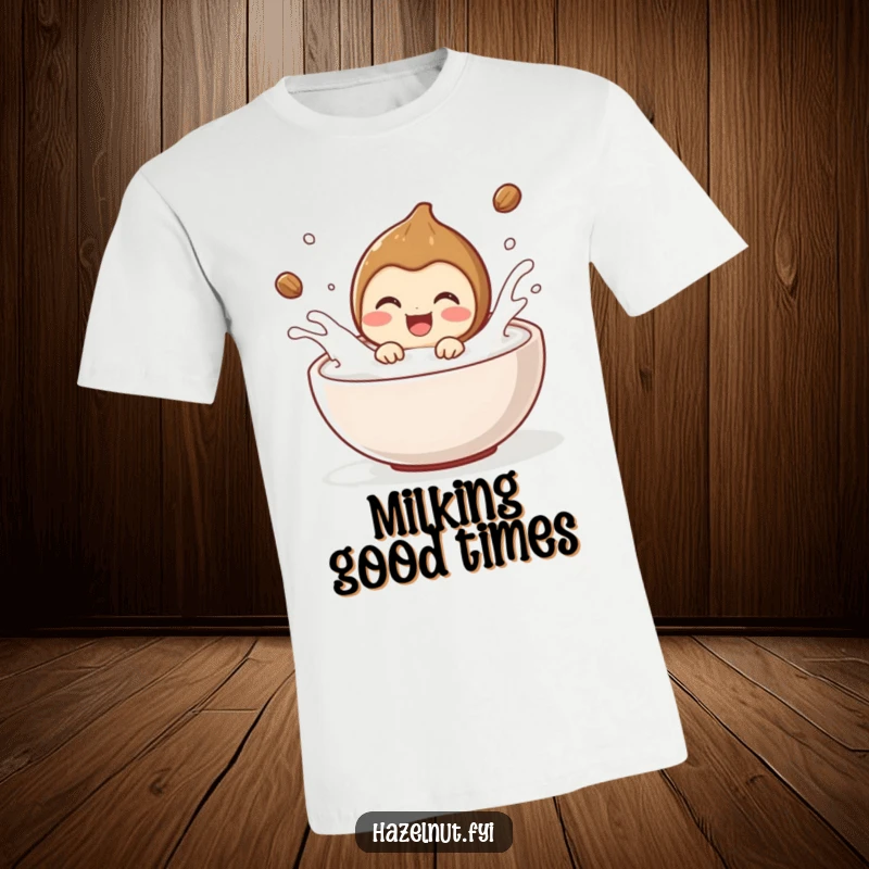 Funny hazelnut character delighted, splashing playfully in a bowl of milk. A fun and funny t-shirt.