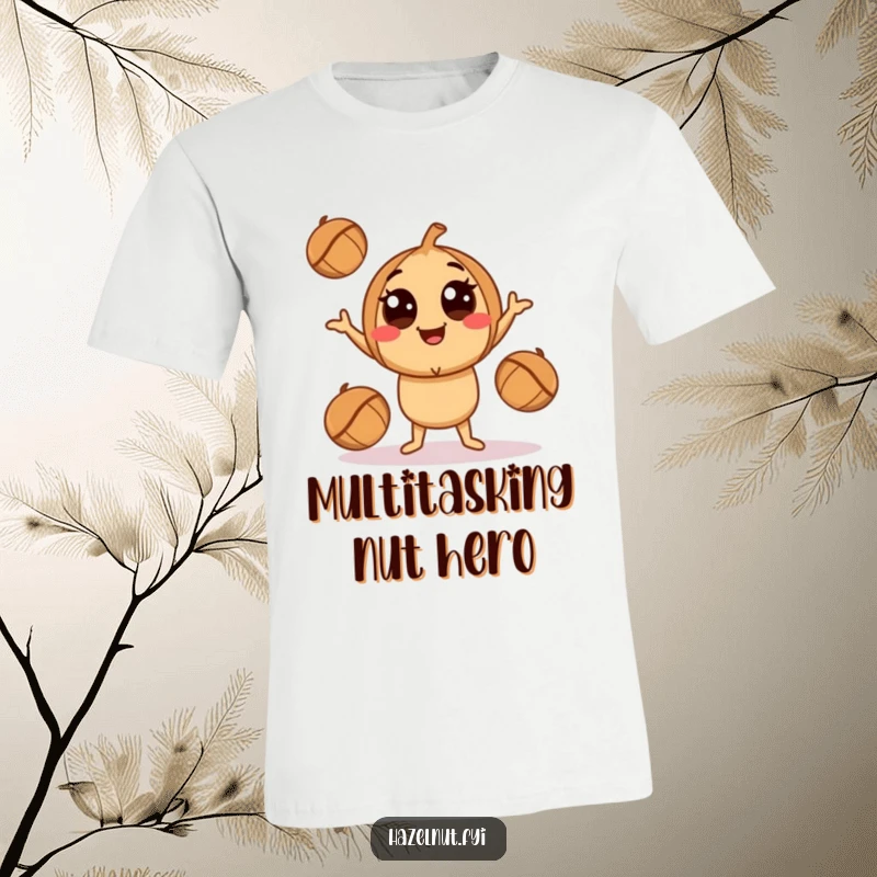 Funny Juggling Hazelnut T-Shirt: A smiling character with big eyes amusingly juggling smaller hazelnuts, perfect for casual wear.