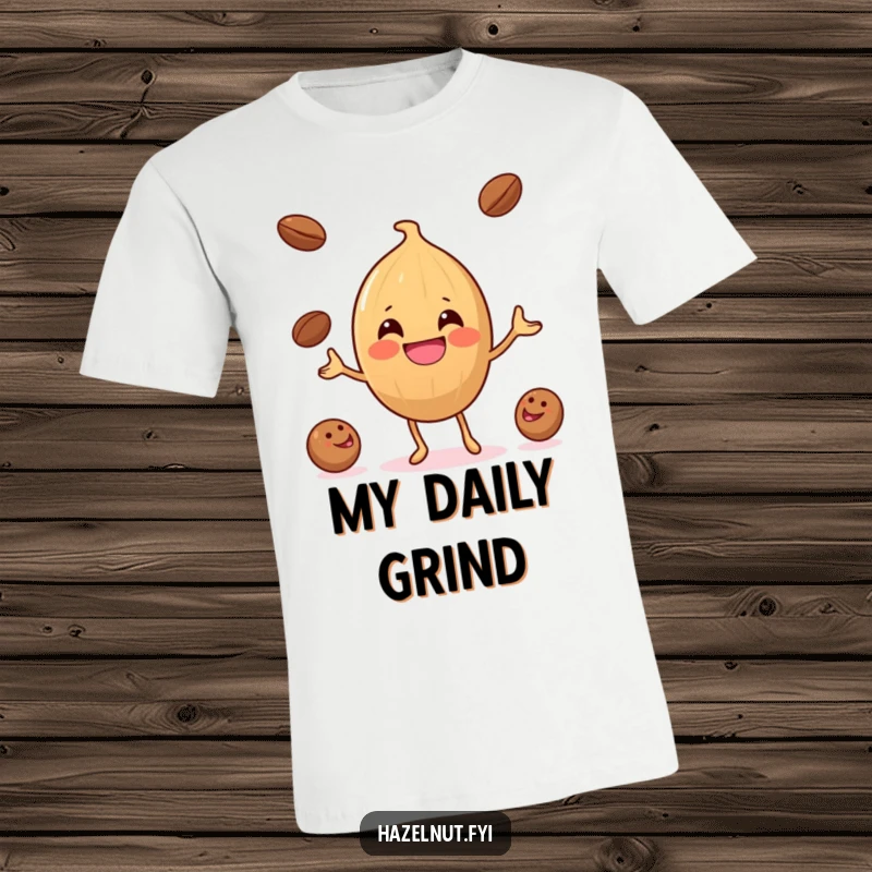 Funny Hazelnut Coffee Bean Juggler T-Shirt: A joyful hazelnut comically juggles coffee beans, showcasing a fun-loving and energetic vibe.