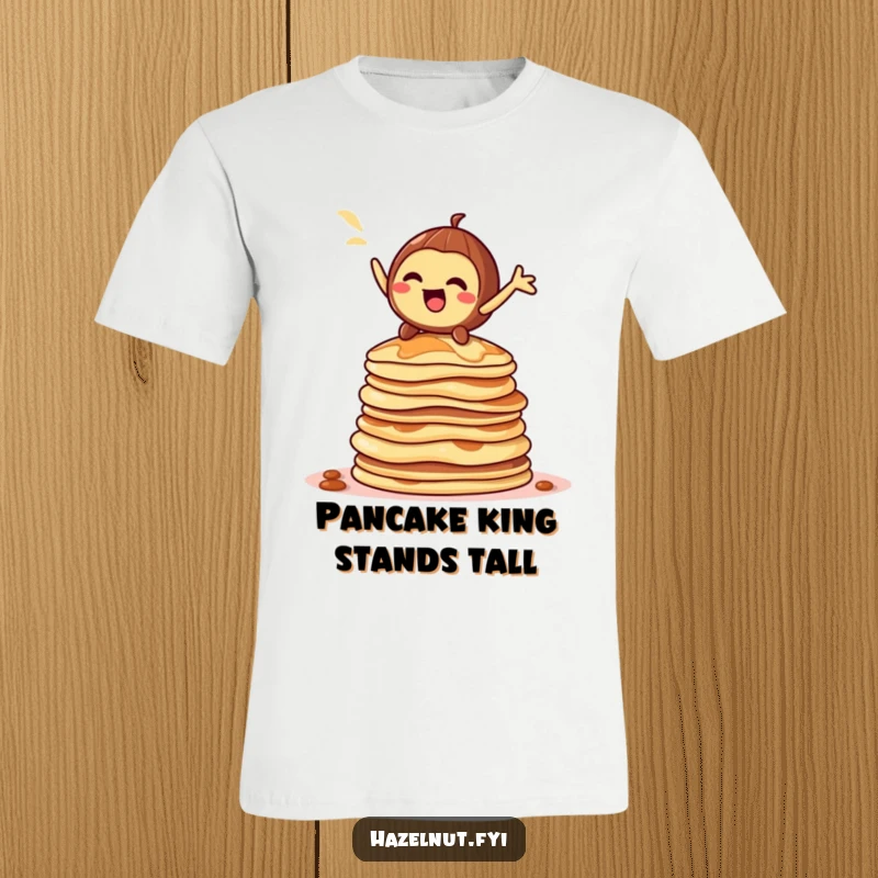 Funny hazelnut character t-shirt, striking a dramatic pose on top of a towering stack of pancakes, humorous and bold apparel.