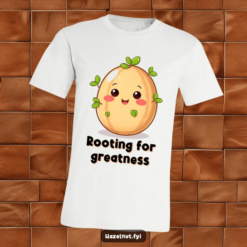 Funny joyful hazelnut with happy eyes sprouting green leaves on a comfortable t-shirt, perfect for nature lovers.