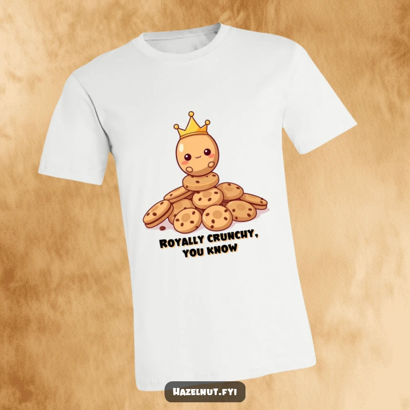Funny Hazelnut T-Shirt featuring a tiny crowned hazelnut confidently balancing atop a towering pile of cookies, a true ruler.