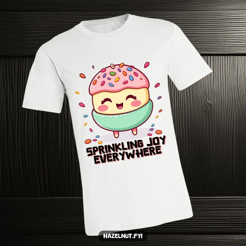 Funny t-shirt with a happy, giggling macaroon expertly juggling a colorful mix of candy sprinkles, a delightful scene.