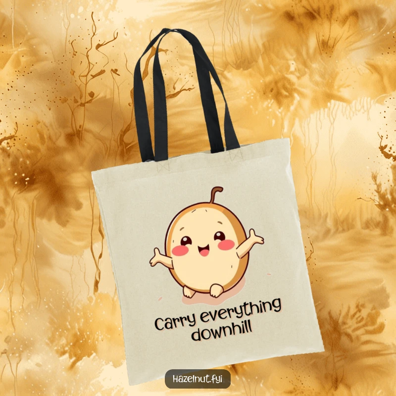Funny hazelnut tote bag with arms outstretched, rolling downhill joyfully, great for hilarious errands.