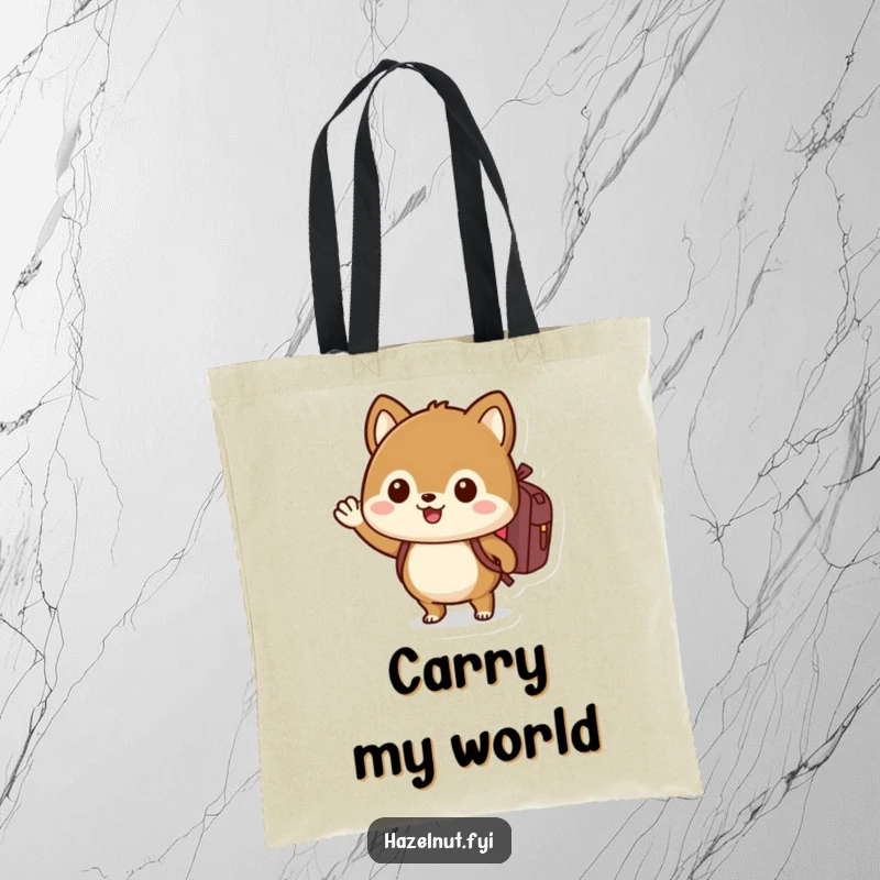Funny hazelnut tote bag with backpack, waving enthusiastically, great for hilarious travel errands.