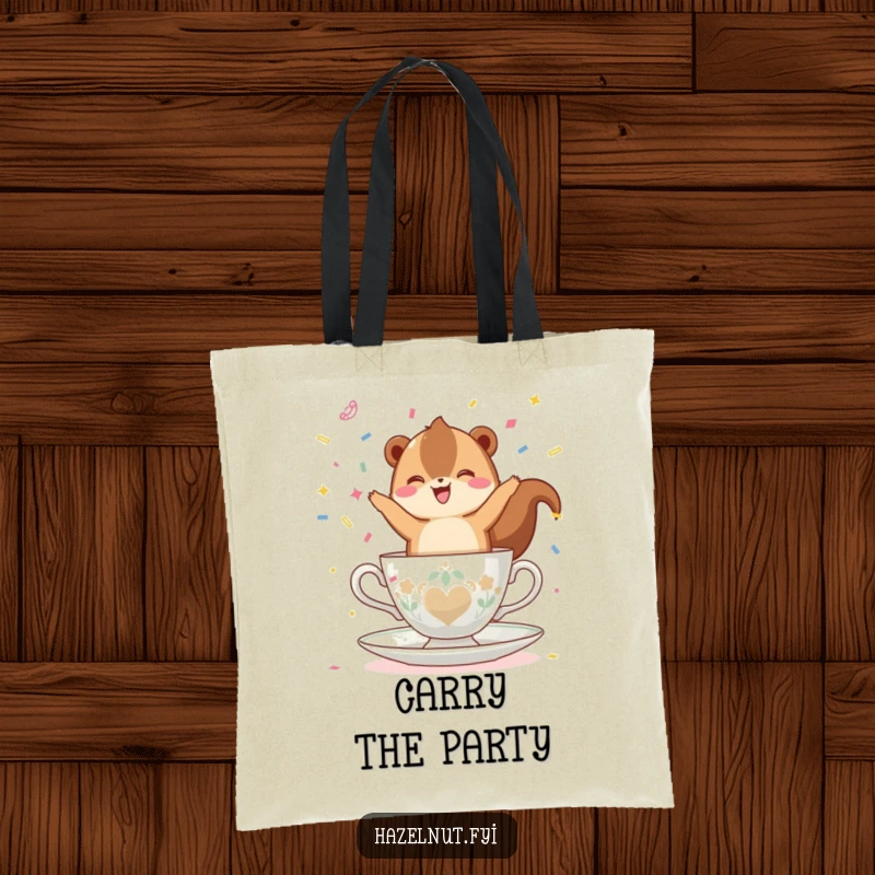 Funny, happy hazelnut balancing on a teacup, throwing confetti, showcased on a tote bag, ideal for carrying essentials with flair.