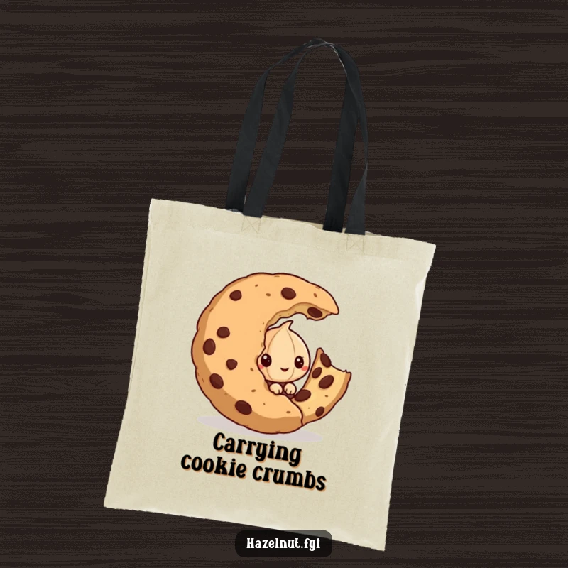 Funny tote bag depicting a mischievous hazelnut peeking from behind a large, partially eaten cookie, great for carrying treats.