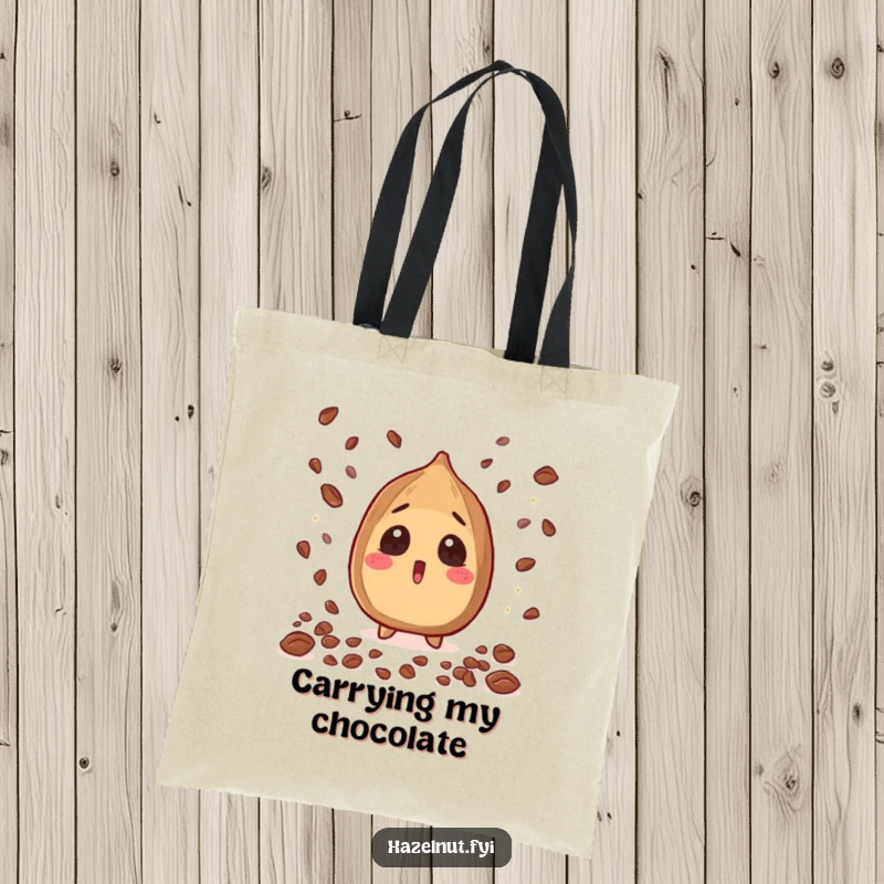 Funny Hazelnut Tote Bag featuring a surprised expression as cacao nibs rain down, a humorous and practical funny gift.