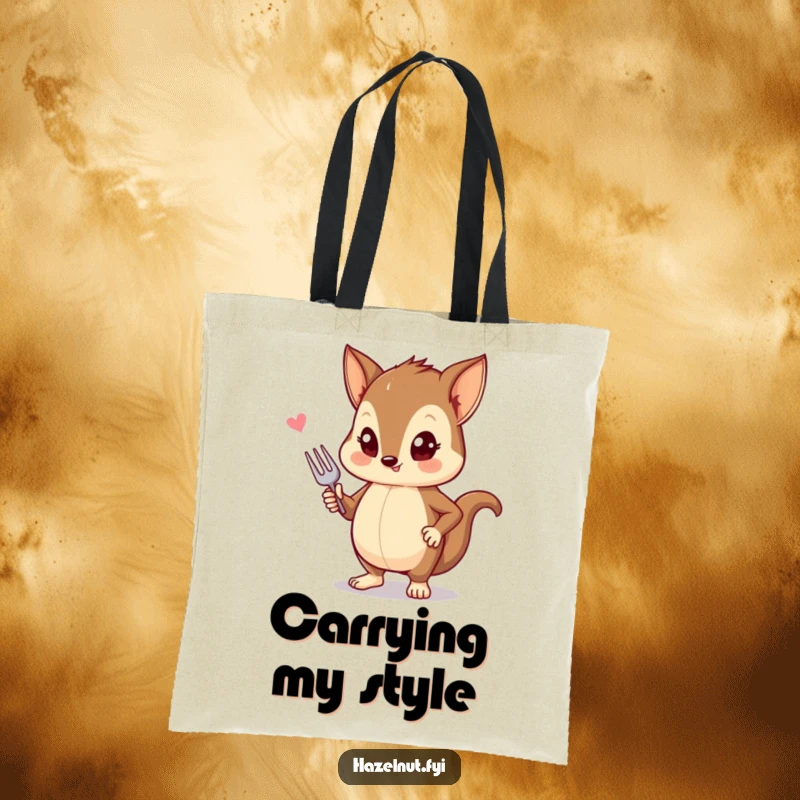 Funny tote bag showcasing a stylish hazelnut striking a pose with a tiny fork, perfect for carrying everyday items.