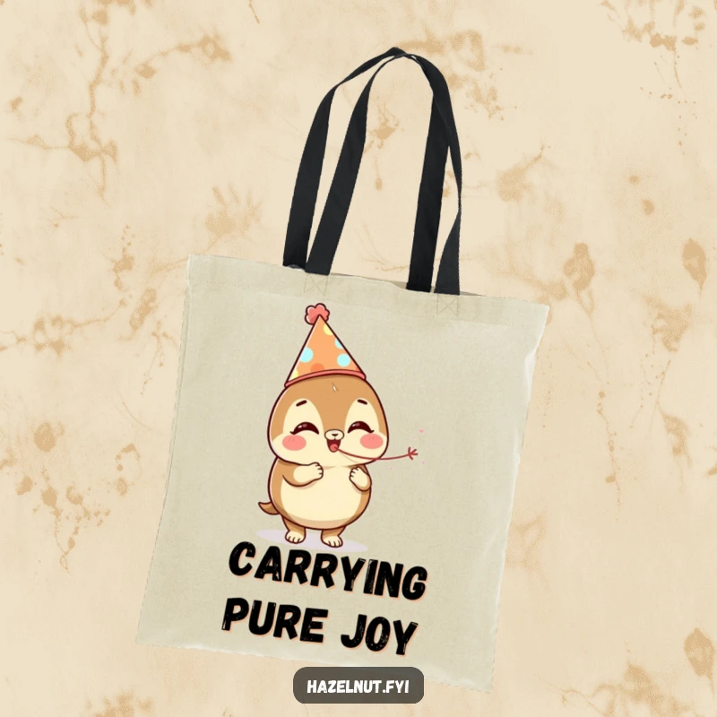 Funny, giggling hazelnut in a party hat blowing a streamer, perfect for a fun and festive tote bag.