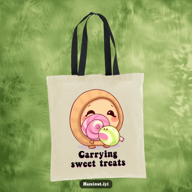 Funny hazelnut character curiously sniffing a giant lollipop with delight, perfect for a sweet-themed tote bag.