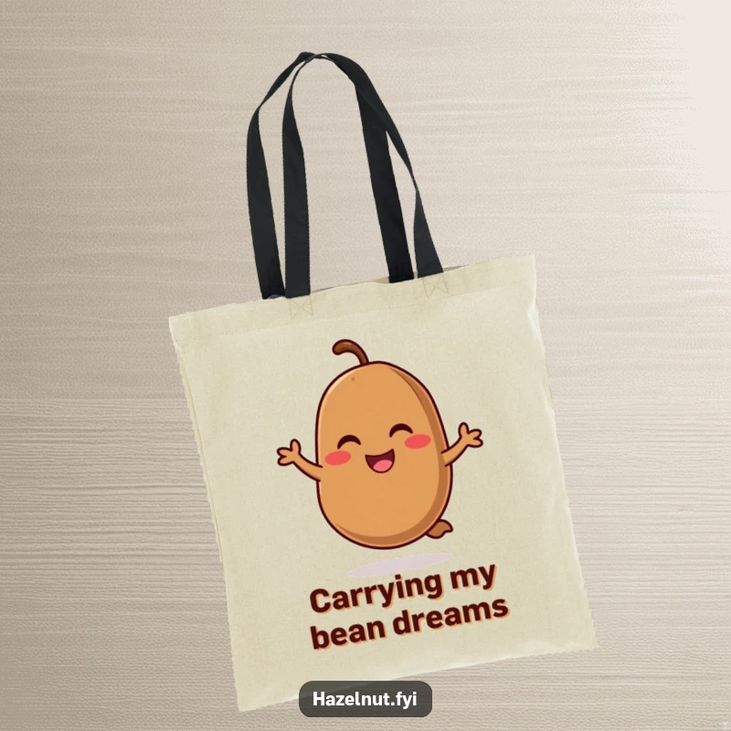 Funny tote bag with a smiling, rosy-cheeked coffee bean doing a cheerful hop, perfect for carrying groceries or daily items.