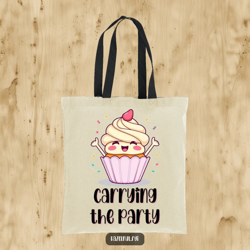 Funny tote bag adorned with a joyful cupcake gleefully throwing confetti, a practical and cheerful accessory.