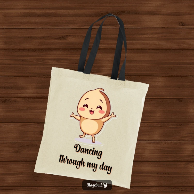 Funny Hazelnut Tote Bag depicting a smiling hazelnut character engaged in a comical little dance with its tiny, expressive feet.